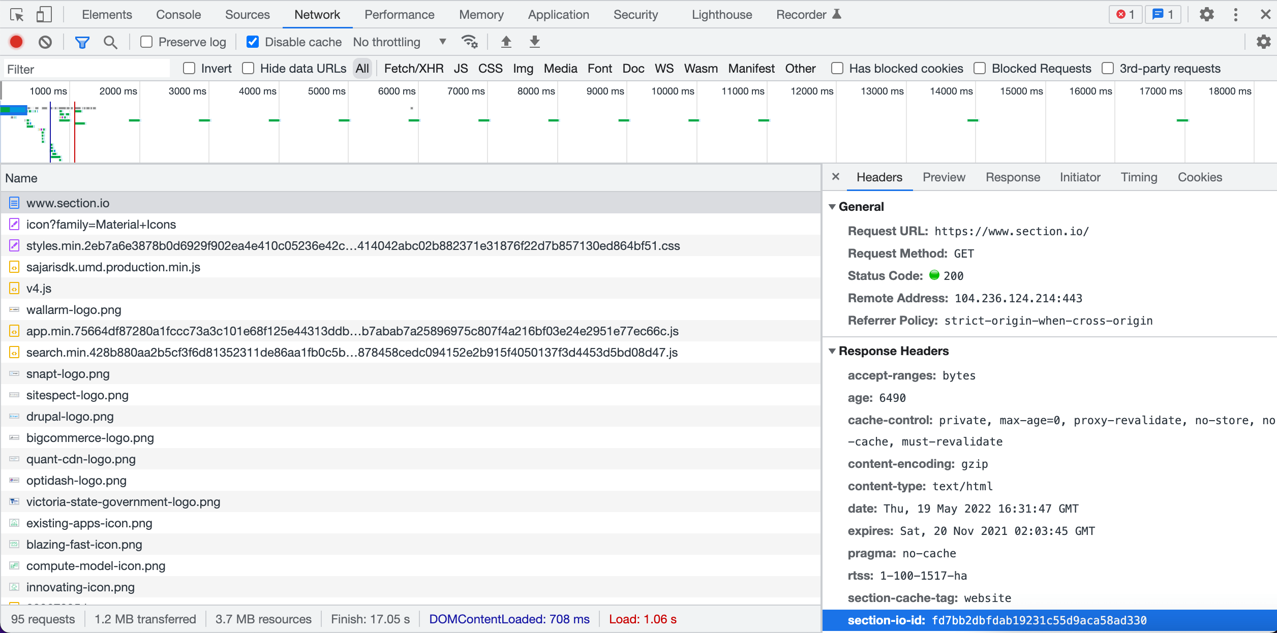 Chrome DevTools section-io-id header